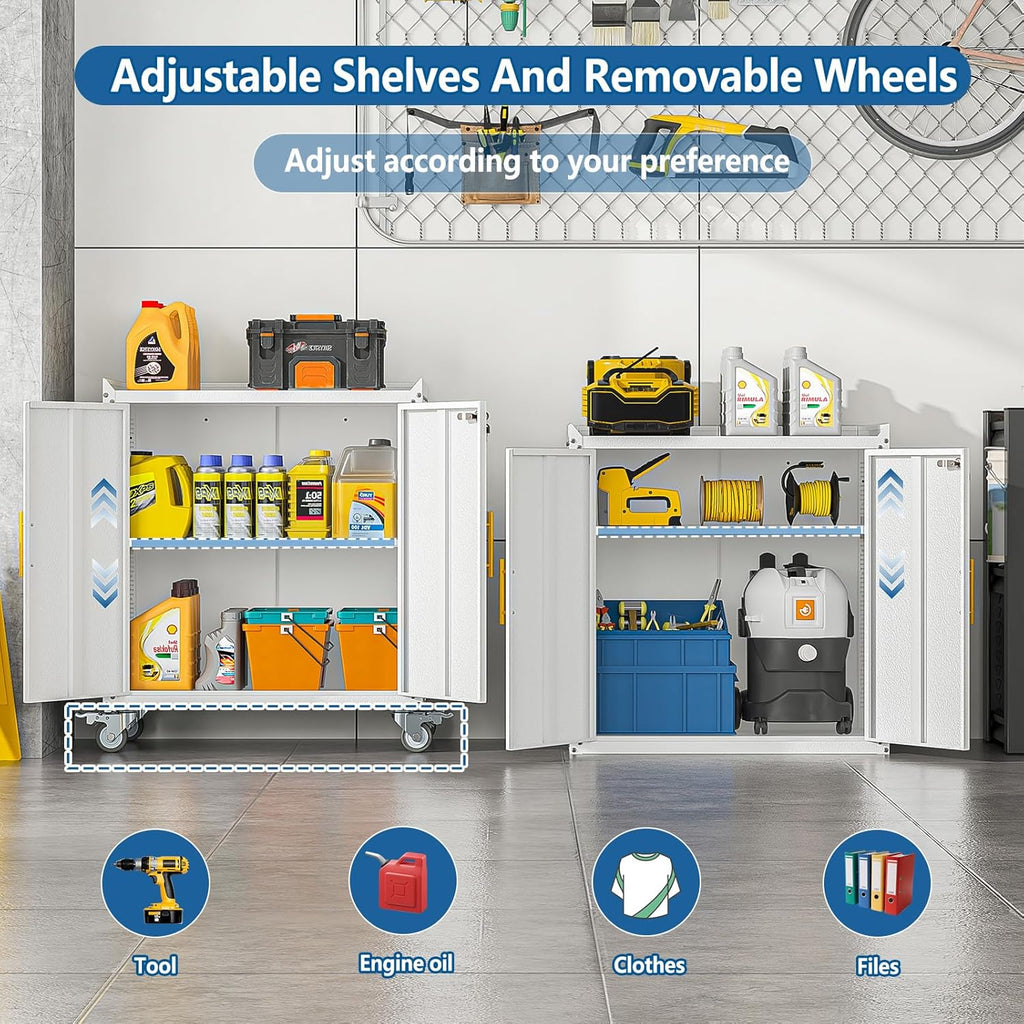 Metal Garage Storage Cabinet with Wheels, Tall Locking Cabinet with Doors and Shelves, Tool Storage Cabinets for Garage, Home Office (White,35.6" H)