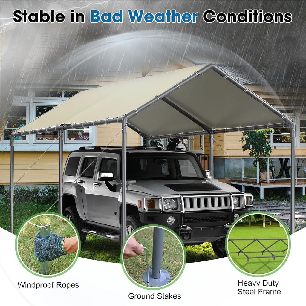 Carport 10x20ft Heavy Duty Car Tent, Portable Garage, Car Shelter, All-Season Tarp Tent for Car, Party，Beige