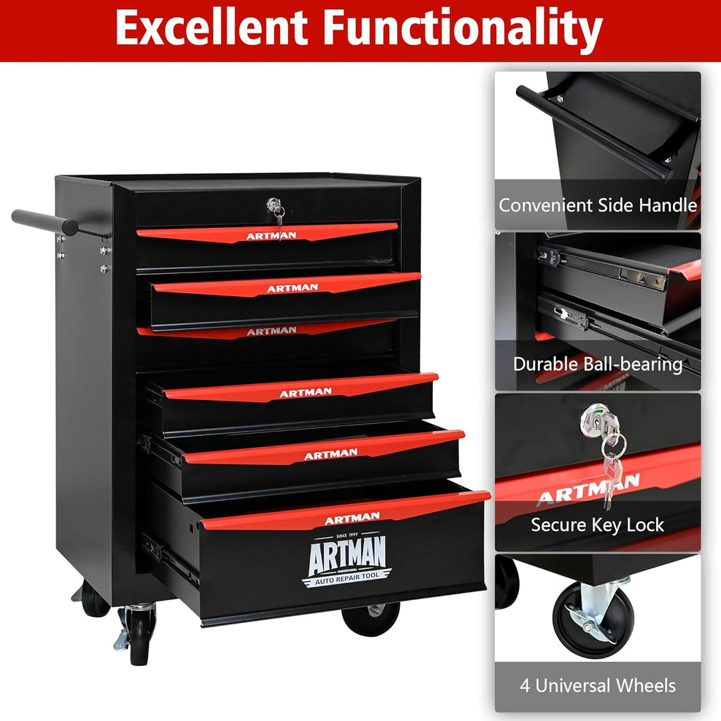 6 Drawers Rolling Tool Box, Tool Cart with 7 Tool Storage Boxes, Multifunctional Tool Chest with Wheels, Lockable Tool Trolley Organizer for Garage Workshop Warehouse Repair Shop, Black+Red