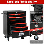 6 Drawers Rolling Tool Box, Tool Cart with 7 Tool Storage Boxes, Multifunctional Tool Chest with Wheels, Lockable Tool Trolley Organizer for Garage Workshop Warehouse Repair Shop, Black+Red