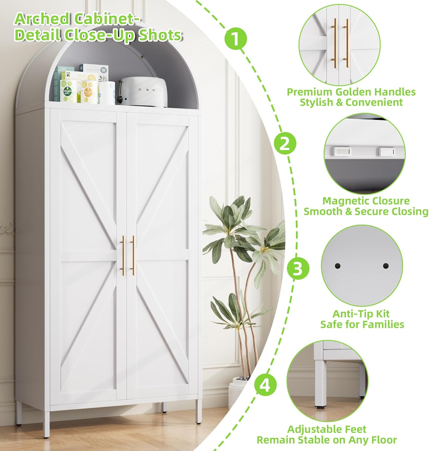 73" Tall Arched Kitchen Pantry Cabinet with 6 Adjustable Shelves, Farmhouse Metal Storage Cabinet with 2 Doors, Reinforced Rice-Shaped Embossed Panels, Tall Pantry Storage for Home Office