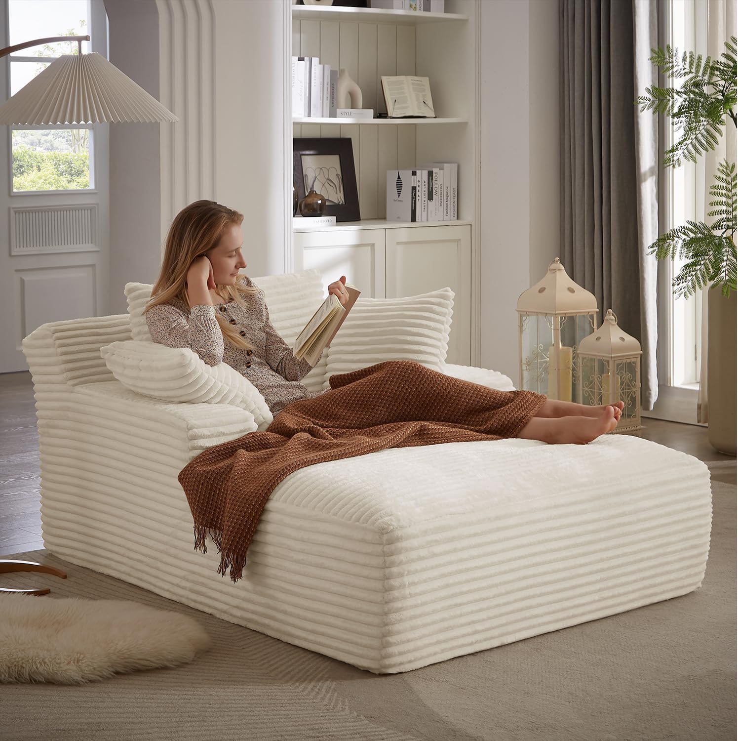 50" W Chaise Lounge Chair Indoor, Oversized Upholstered Corduroy Boneless Sofa Bed with 3 Pillows, Deep Seat Sleeper Reading Chair Cloud Couch for Living Room, No Assembly Required