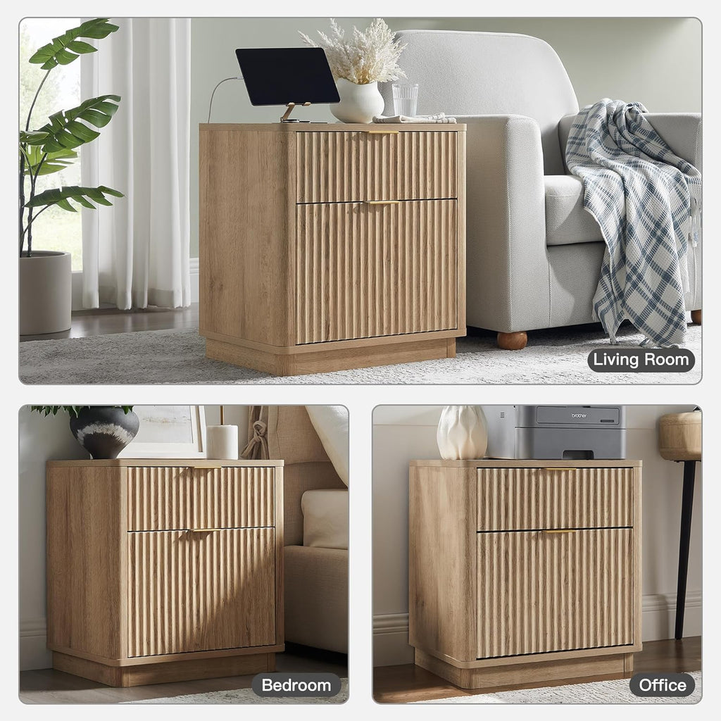 T4TREAM 23'' Fluted Nightstand Set of 2 with Charging Station, Large 2 Drawer Bedside Table, Modern End Table with Storage, Mid Century Night Stand for Bedroom Living Room, Curved Profile, Natural Oak
