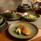Bloomhouse - Two Time Oprah's Favorite Things Winner - Palermo Sun Double Bowl Stoneware Reactive Glaze Plates and Bowls Dinnerware Set - Cardamom Green, Service for Four (16pcs)