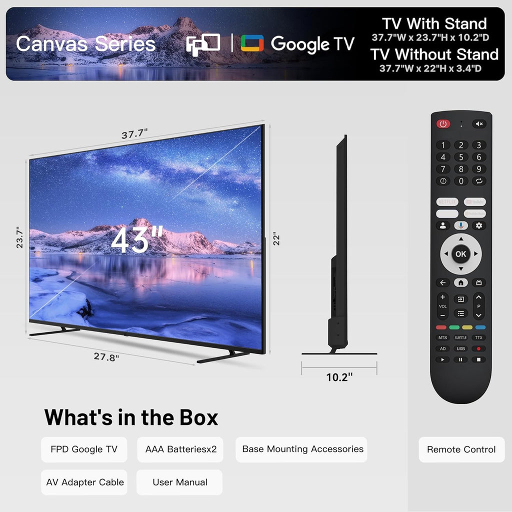 FPD 43 Inch Smart TV  4K UHD LED Flat Screen Google TV with Google Cast  Bluetooth  HDMI  Streaming Live  HDR 10  Dolby Vision  Ultra Slim Television(Canvas-Series  CG43-C3  2025)