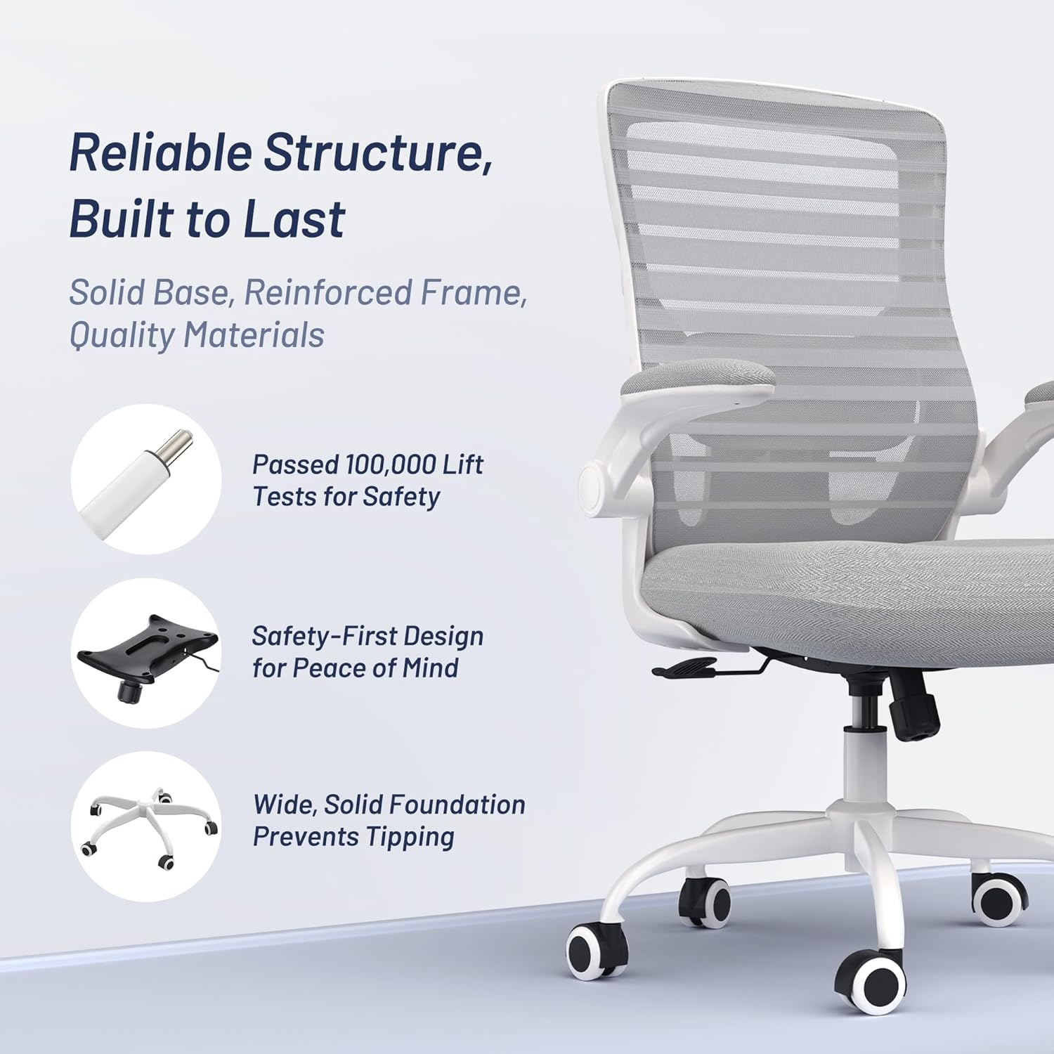 Office Chair for Long Hours & Back Pain Relief – 4" Thick Molded Foam Cushion, Padded Lumbar Support and Flip-up Armrests, Ideal for Office or Study, Light Gray