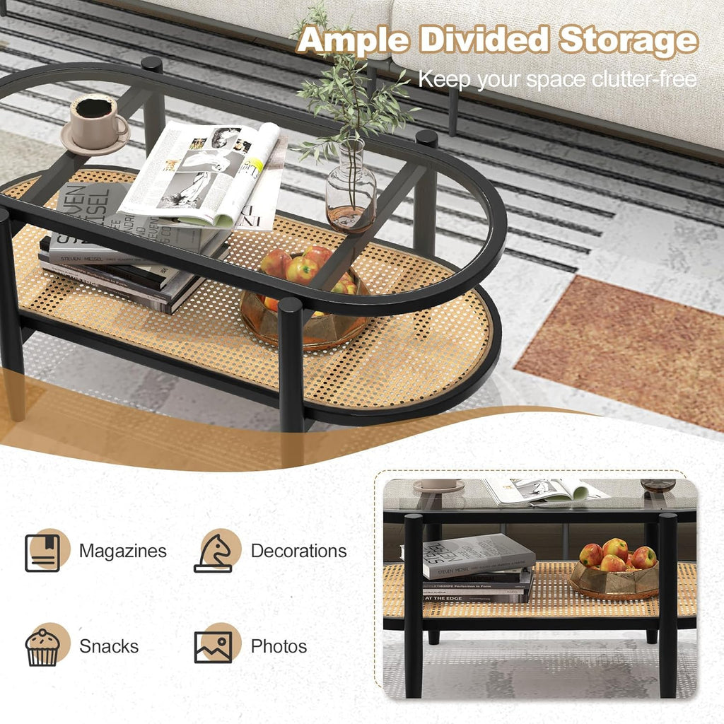 Giantex Rattan Coffee Table, 2-Tier Oval Wood Tea Table with Tempered Glass Tabletop & PE Rattan Storage Shelf, 40" Boho Cocktail Tables, Mid Century Modern Center Table for Living Room Office, Black