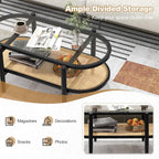 Giantex Rattan Coffee Table, 2-Tier Oval Wood Tea Table with Tempered Glass Tabletop & PE Rattan Storage Shelf, 40" Boho Cocktail Tables, Mid Century Modern Center Table for Living Room Office, Black