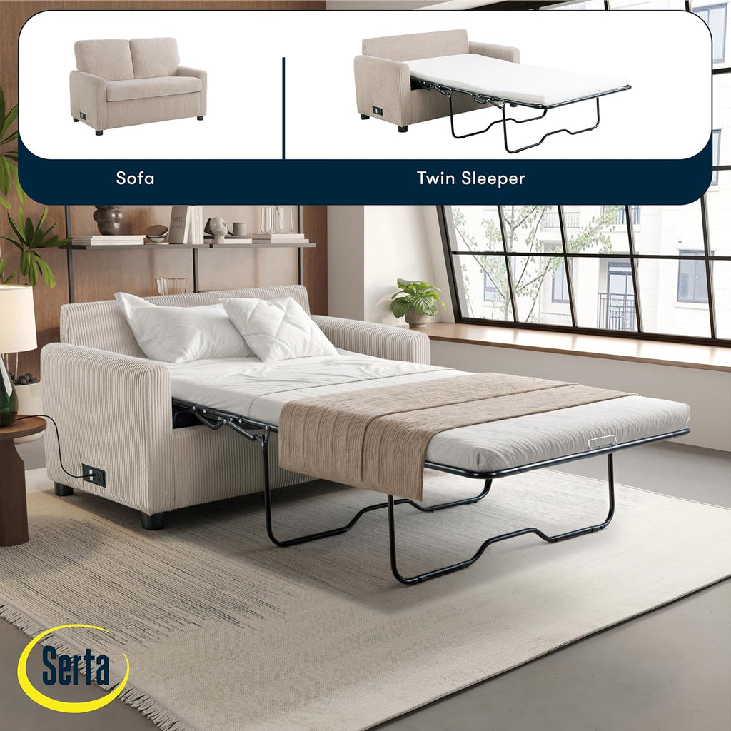 Serta® Darnold 53.5" Pull-Out Sleeper Loveseat, Twin Size, Dreamcoil® Comfort, Memory Foam Pull-Out Mattress, USB-C and USB-A Power Ports, Soft Corduroy Fabric, Beige