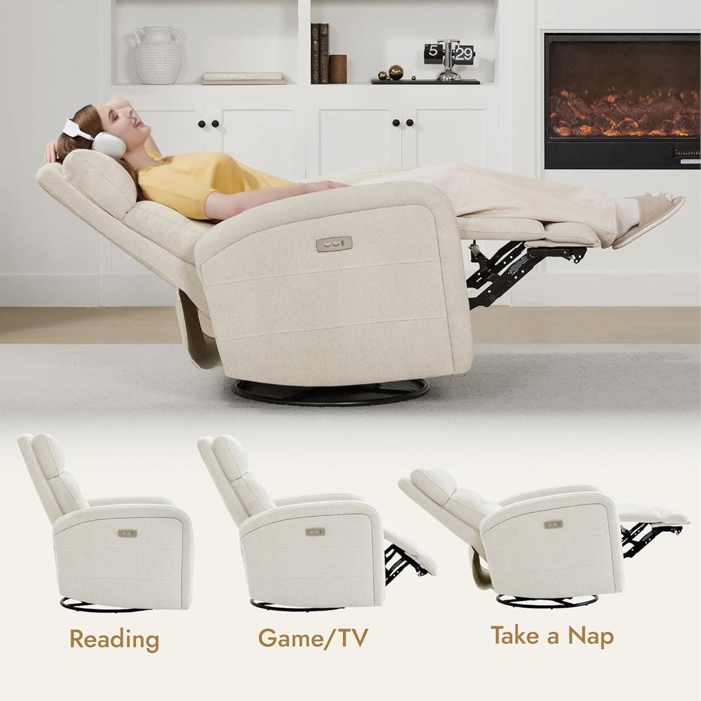 Watson & Whitely Swivel Power Recliner Glider Rocker, Nursery Recliner with Charging Port for Living Room, Fabric in Linen