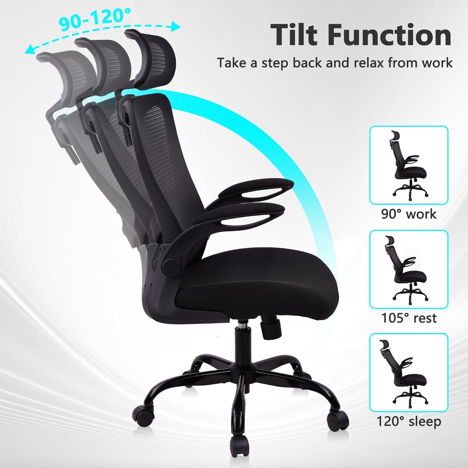CLATINA Heavy Duty Ergonomic Mesh Office Chair 400LBS, Big and Tall Desk Chair with Adjustable Lumbar Support & Headrest, Flip Up Padded Arms, High Back Computer Chair for Home Office, Black, 8 Pack