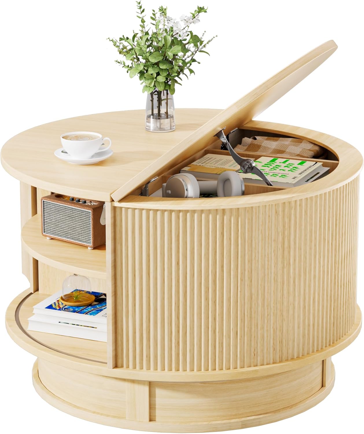 31.5" Round Fluted Coffee Table with Hidden Storage, Modern Wood Coffee Table with Flip-Up Hinged Tabletop, Divided Compartments and Rotating Base for Living Room & Apartment (Natural Wood)