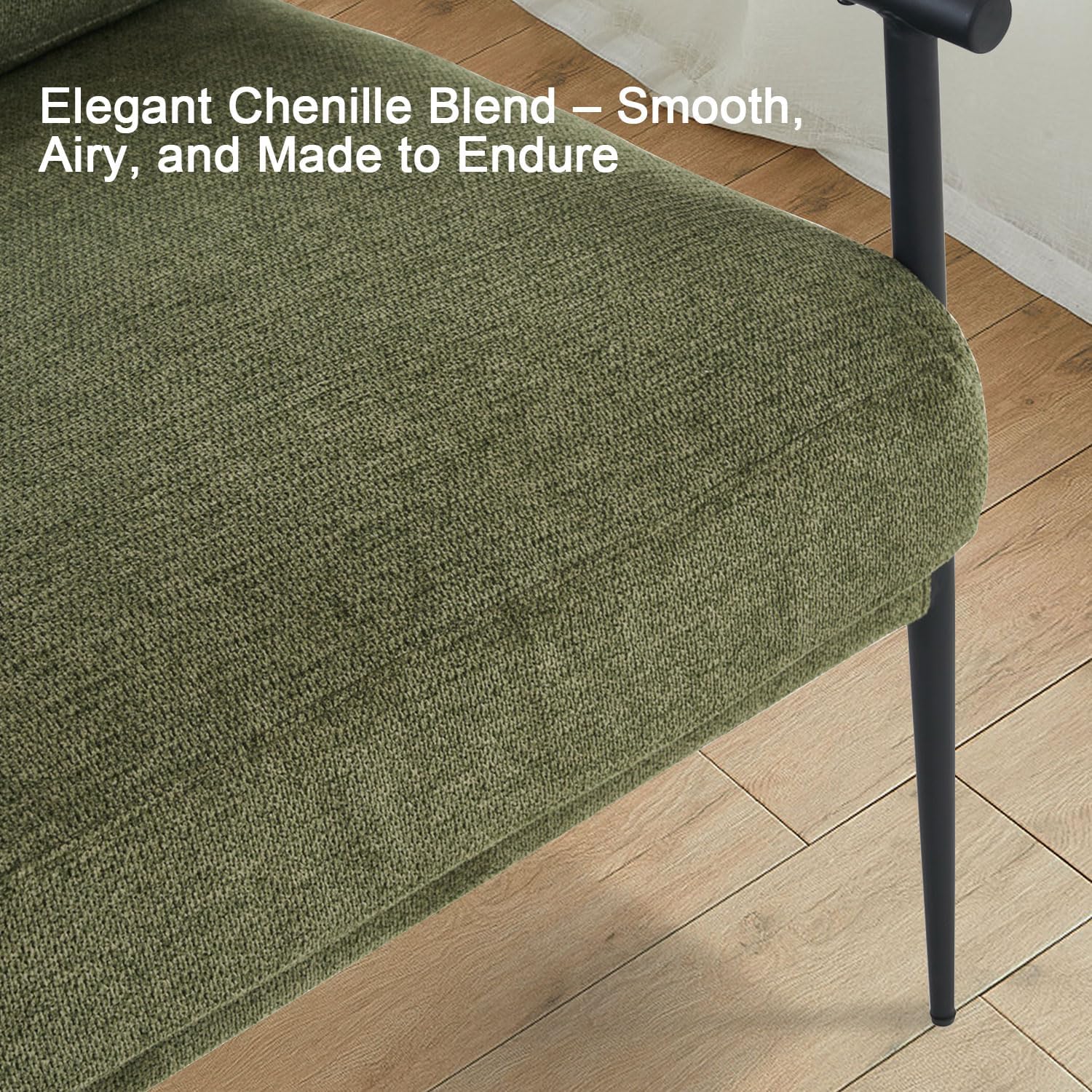 2PCS Green Accent Chair Set of 2 Chenille Mid Century Modern Armchair with Upholstered Soft Cushion for Living Room,Lounge,Bedroom,Wood-Grain Metal Armrest Legs