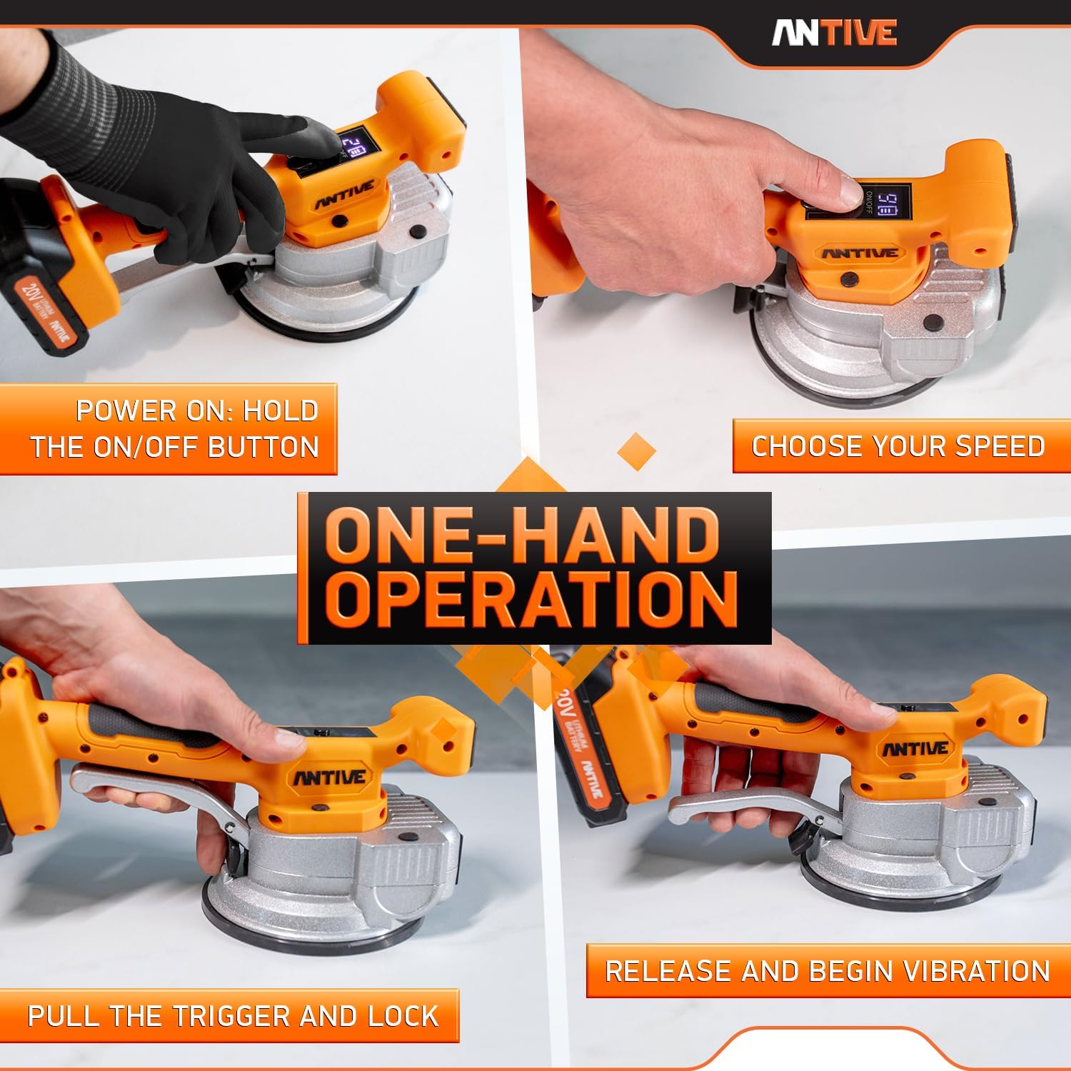 Tile Vibration Tool Kit Pro Set with 20V Batteries & 8″ Vacuum Suction Cup – 110 lb. Tile Suction Cup Tool Power – 9 Tile Vibrator Levels for Leveling Marble, Ceramic, Paver, Granite & Concrete