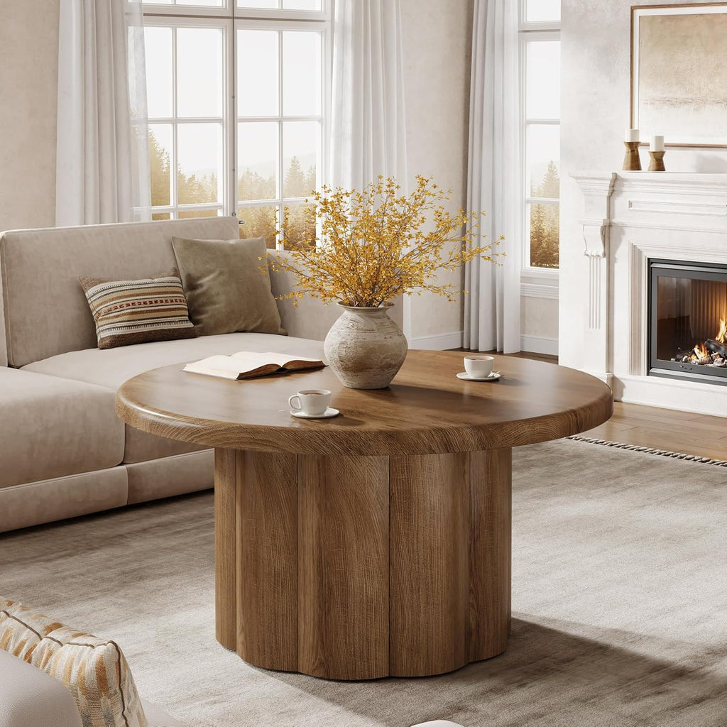 Tribesigns 31.5" Round Coffee Table for Living Room, Farmhouse Circle Center Cocktail Table with Fluted Drum Base, Wooden Living Room Furniture for Apartment, Small Space, Brown