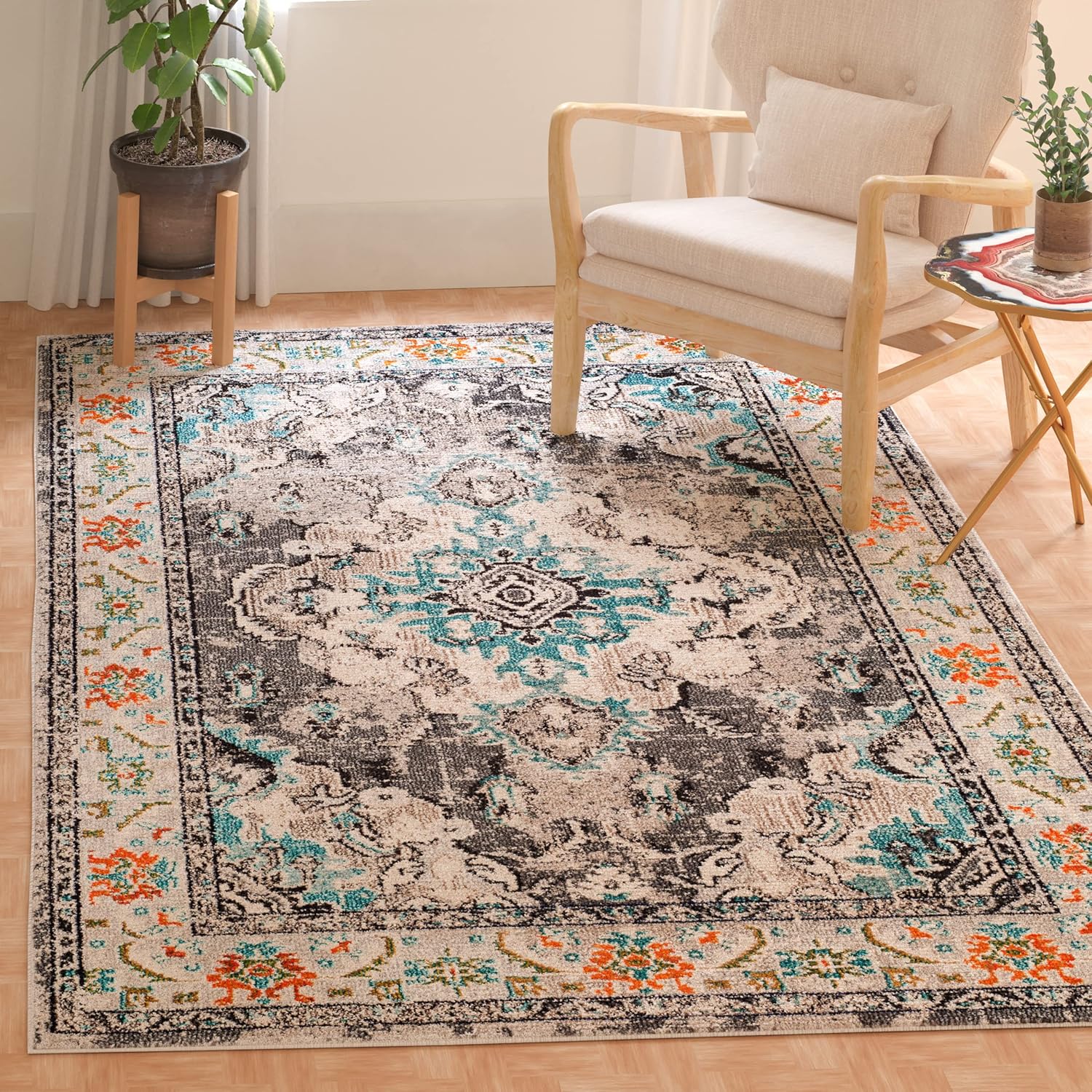 SAFAVIEH Monaco Collection Area Rug - 11' Square, Grey & Light Blue, Non-Shedding & Easy to Clean, Distressed Medallion Design, Ideal for Living Room, Bedroom, Dining Space (MNC243G)