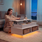 YSHOMY 40" Lift Top Coffee Table with Hidden Storage & Multi-Color LED Lights, Modern Square Wood Table with 4 Open Shelves for Living Room and Small Space, White Grain