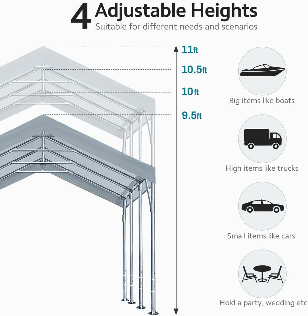 ADVANCE OUTDOOR 12x20 ft Heavy Duty Carport Potable Car Canopy Garage Party Tent Boat Shelter  Adjustable Height from 9.5 ft to 11 ft  Gray