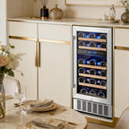 AAOBOSI 15 inch Dual Zone Wine Fridge, 28 Bottles Built-in or Freestanding Fridge,41-64°F Wine Cooler with Professional Compressor .Low Noise and No Fog