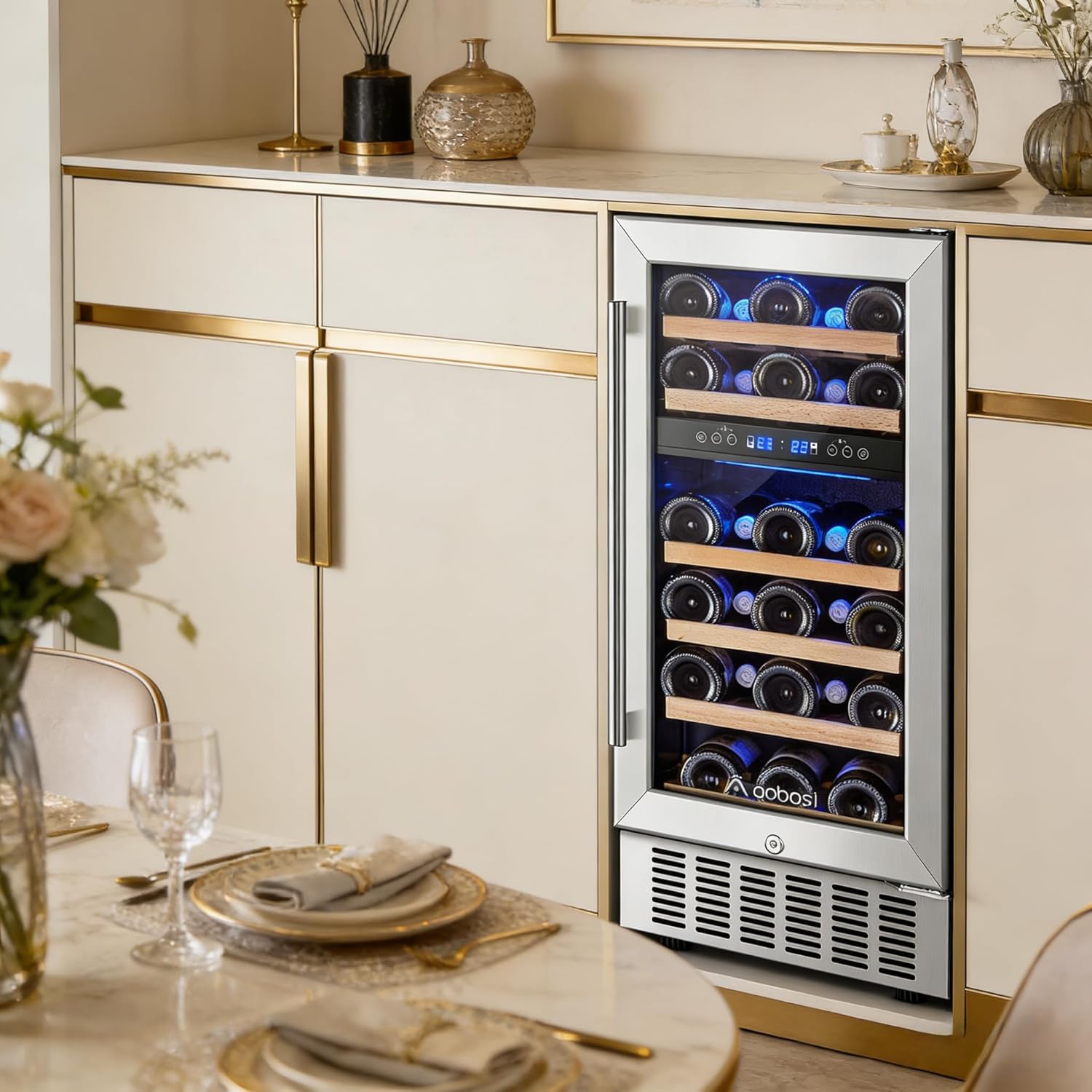 AAOBOSI 15 inch Dual Zone Wine Fridge, 28 Bottles Built-in or Freestanding Fridge,41-64°F Wine Cooler with Professional Compressor .Low Noise and No Fog
