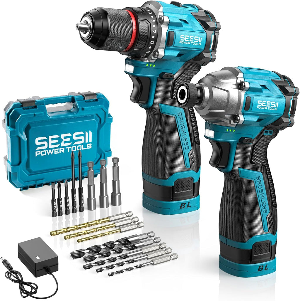 SEESII Cordless Drill Impact Driver 16.8V Brushless Power Tool Combo Kits 2x 2.0Ah Batteries w/Charger, 16-Pc Bits, Tool Bag, 3/8'' Drill & 1/4'' Impact Driver for Home DIY, Woodworking (Blue)