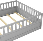 Full Floor Bed with Slats, High Fence and Door, Montessori Floor Bed Full Size, No Box Spring Needed, Easy Assemble Floor Bed(Gray Full)