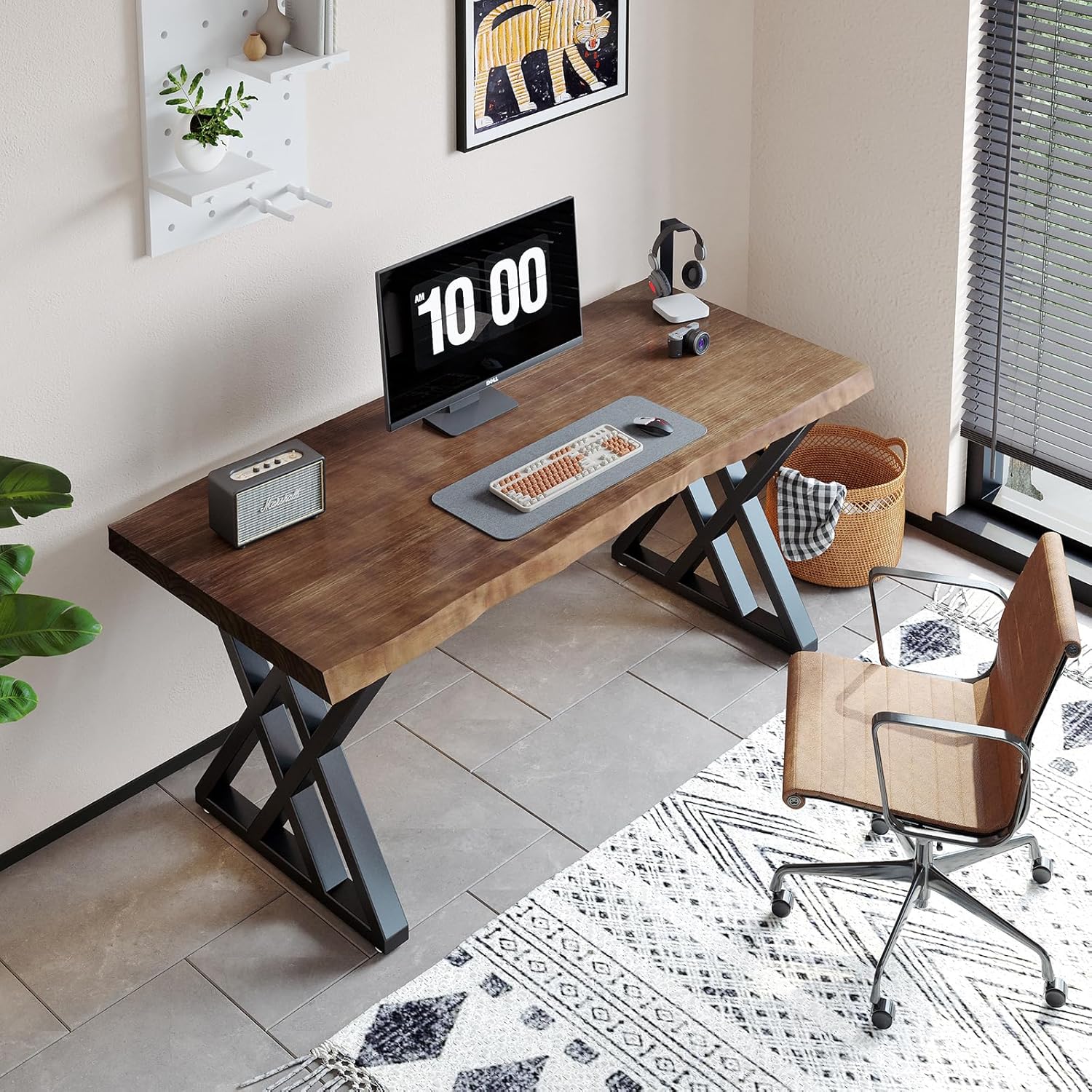 Solid Wood Computer Desk Study Office Desk 55" Writing Desk, Modern Simple Style PC Table, Black Metal Frame, Solid Wood Planks 55" D x 27" W x 29" H for Home Office Bedroom,Rustic Brown