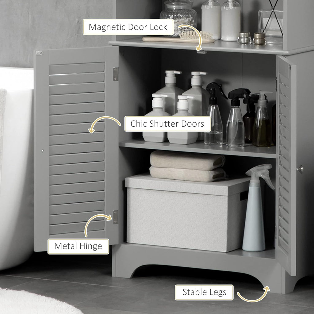 HOMCOM Tall Narrow Bathroom Storage Cabinet with Doors and Shelf Adjustability, Freestanding Linen Cabinet with 2 Cabinets and Countertop, Gray