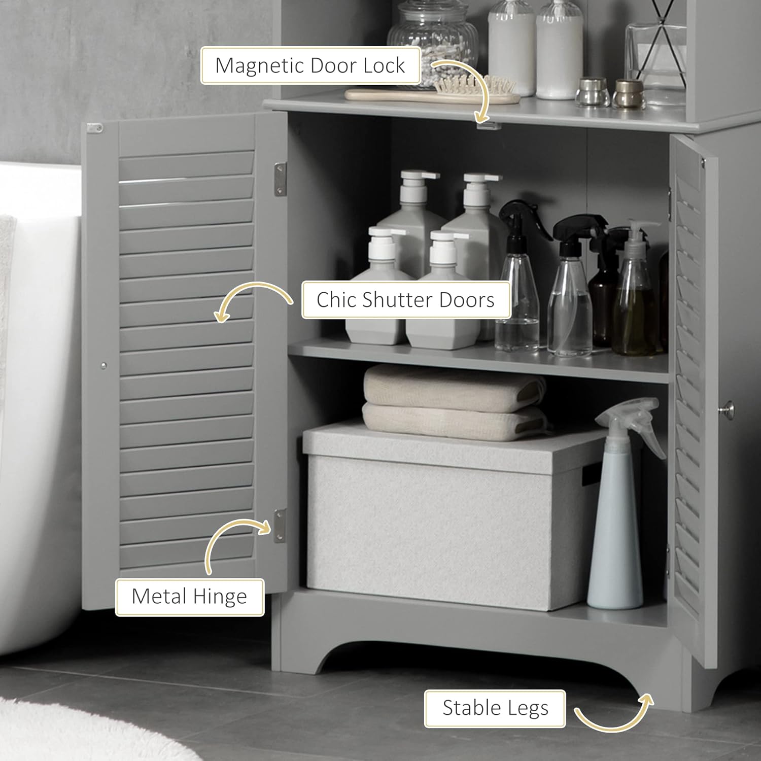 HOMCOM Tall Narrow Bathroom Storage Cabinet with Doors and Shelf Adjustability, Freestanding Linen Cabinet with 2 Cabinets and Countertop, Gray