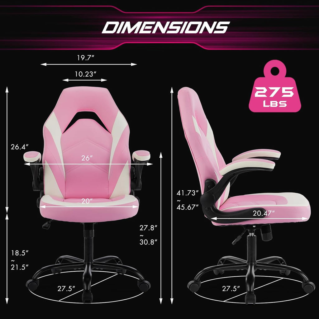 Sweetcrispy Computer Gaming Desk Chair - Ergonomic Lumbar Support Executive with PU Leather and Flip-up Armrest, Height Adjustable with 360° Swivel Wheels, Pink White, for Home and Office