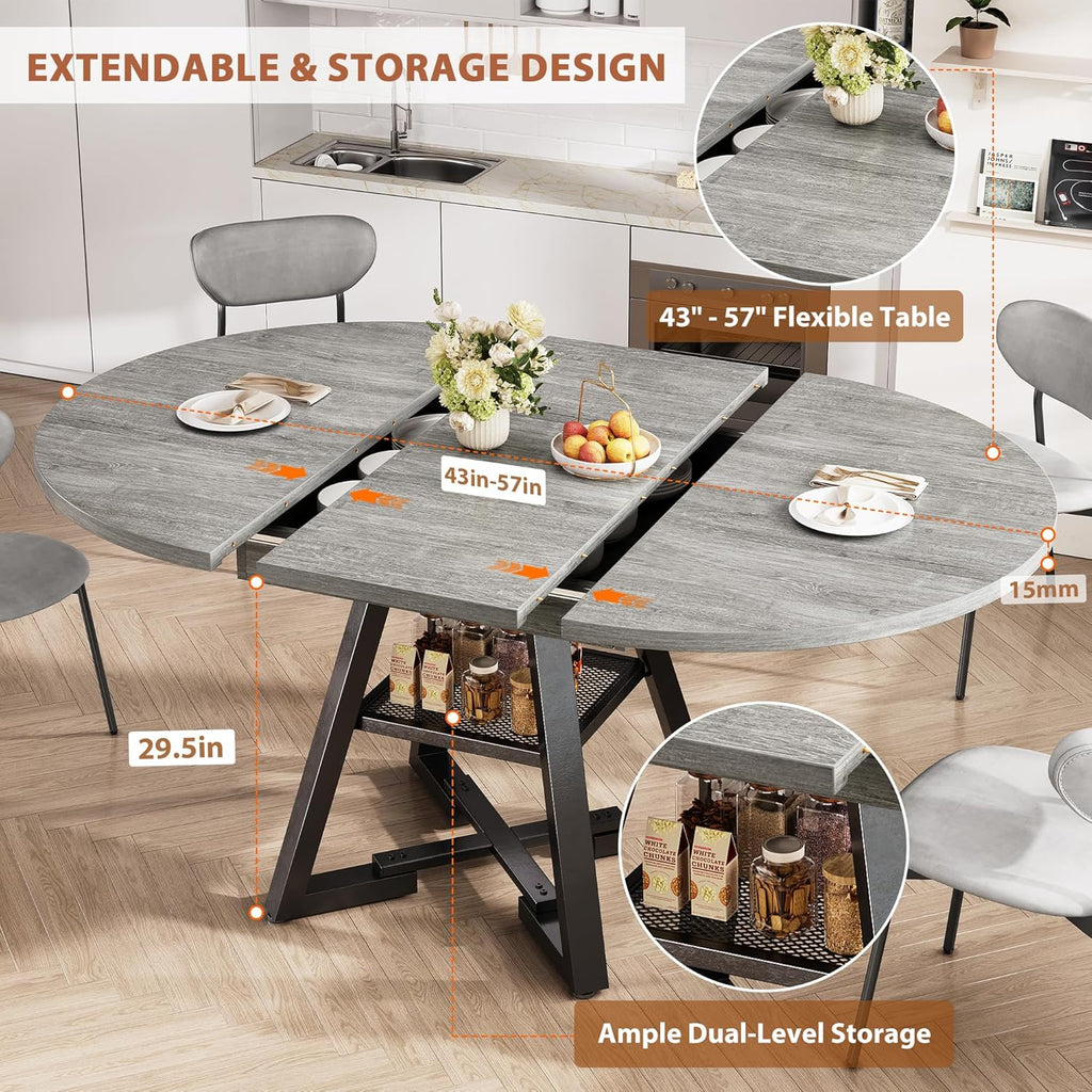 43‘’-57‘’ Extendable Round Dining Table for 4-6, Modern Industrial Kitchen Oval Dining Table with Removable Leaves, Space Saving Pedestal Base with Storage Shelf for Kitchen Living Room (Grey)