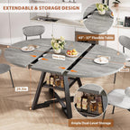 43‘’-57‘’ Extendable Round Dining Table for 4-6, Modern Industrial Kitchen Oval Dining Table with Removable Leaves, Space Saving Pedestal Base with Storage Shelf for Kitchen Living Room (Grey)
