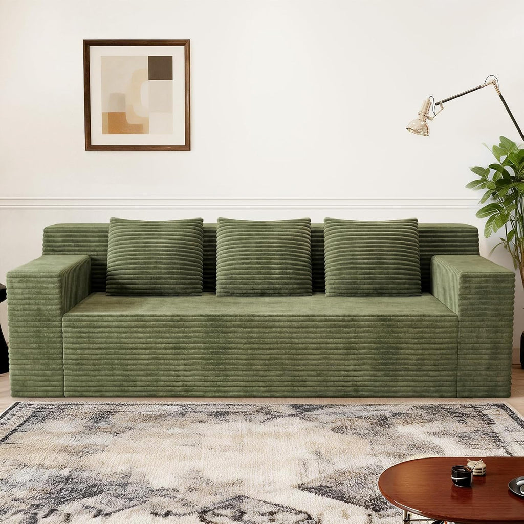 Kurhwyss 71" Corduroy Living Room Sofa, 3 Setaser Deep Seat Couch with 3 Lumbar Pillows, Comfy Boneless Sofa Modern Compressed Couch for Bedroom, Office, Apartment, No Assembly, Flat Armrests (Green)