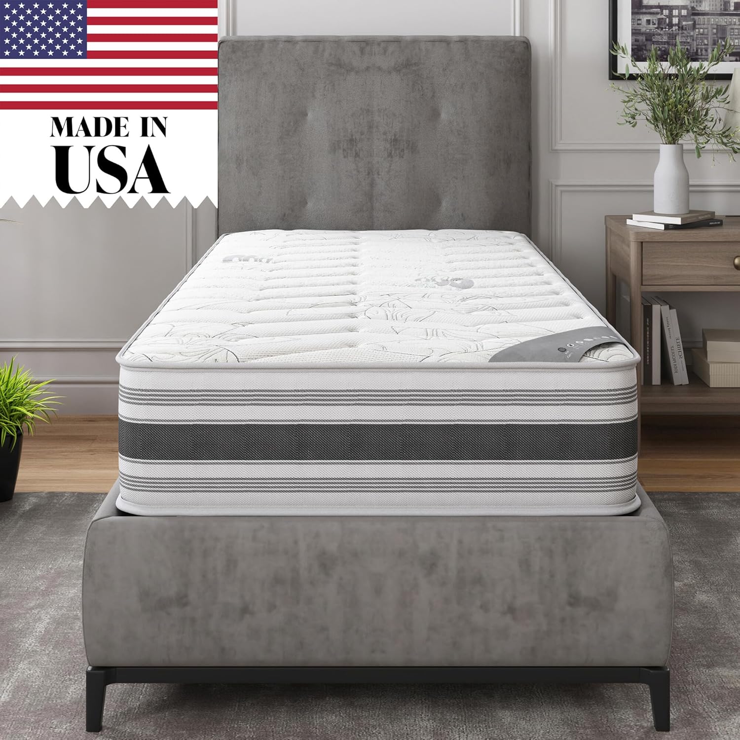 Ottomanson 12" Twin XL Plush Hybrid Mattress, Meditation Antistatic Quilted Cover, Comfort & Pressure Relief, Made in USA, Individually Pocketed Coils, CertiPUR-US® Foam, Fiberglass-Free, Bed in a Box