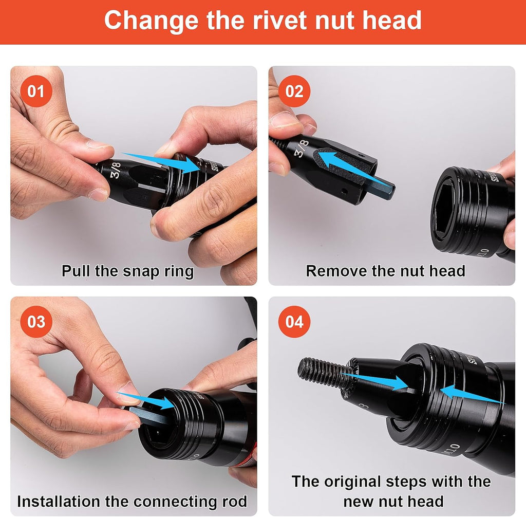 Clatoon Pneumatic Rivet Nut Gun with 10-24 & 1/4 & 5/16 & 3/8 Self-Locking Head, Adjustable Speed Air Rivet Gun, Air Rivet Nut Tool Kit with 4 Size Quick-Change, 6pcs Mandrels Included with Each Size