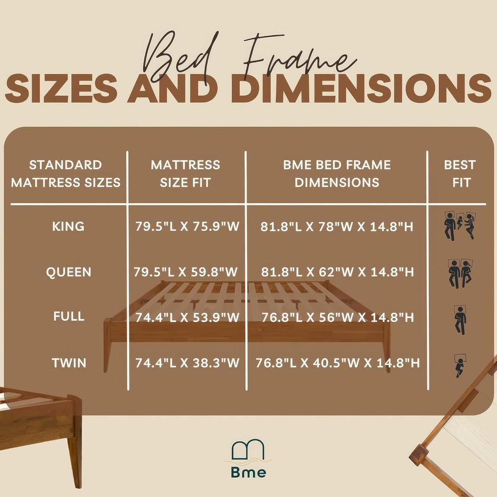 Bme Dinkee Wooden Queen Bed Frame, 15 Inch Height, Elegant Minimalist Modern Design with Japanese Joinery, Durable Wood Slats for Reliable Support, No Box Spring Required, Caramel