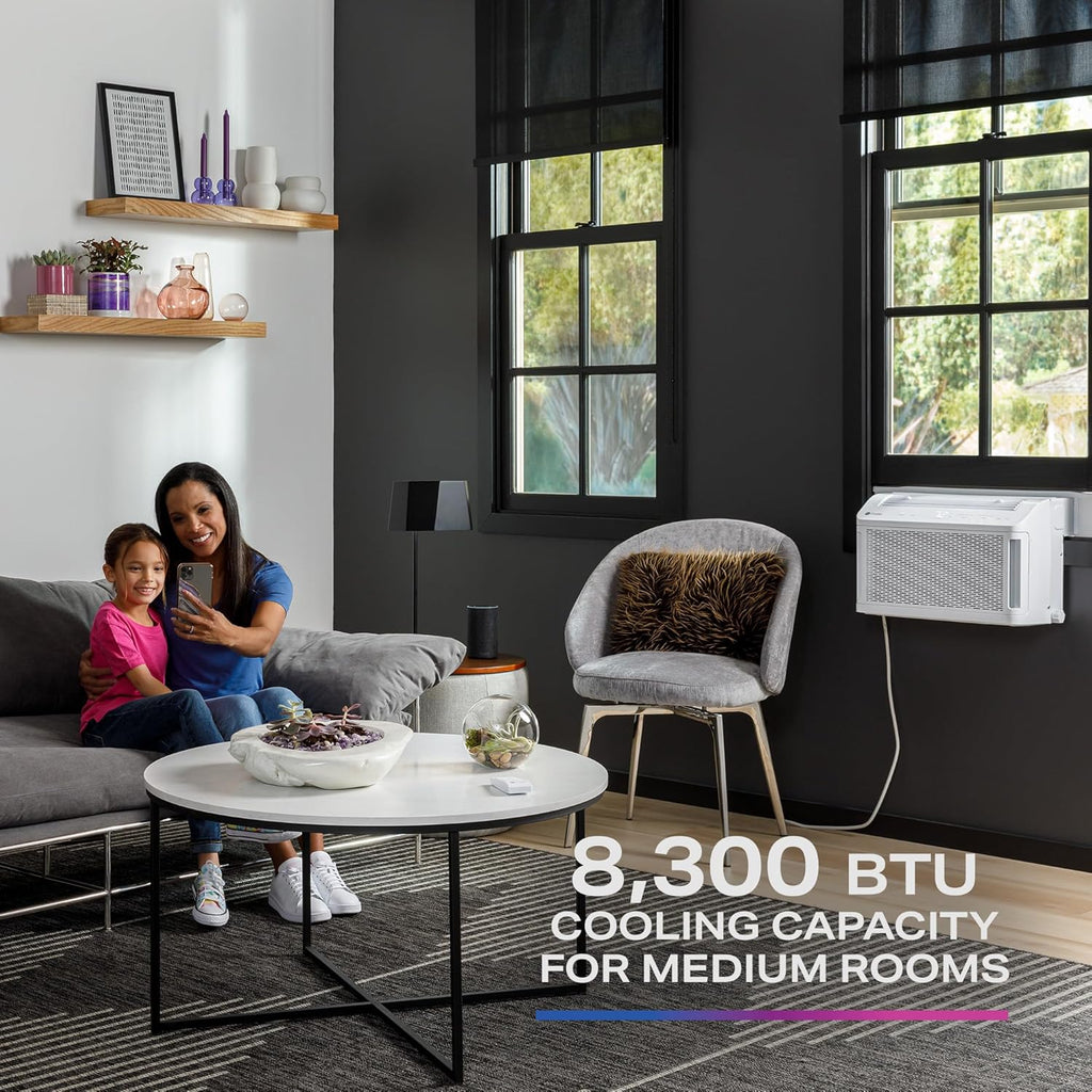 GE Profile ClearView Window Air Conditioner Unit, 8,300 BTU, U-Shaped Adjustable Depth, Energy Efficient Cooling up to 350 sq ft., Ultra Quiet, SMART Home Capable, Includes Remote, White