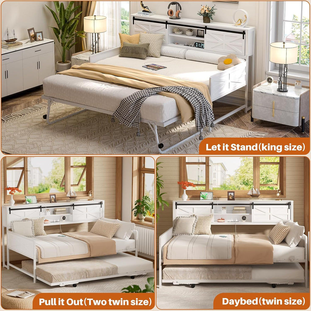 Homieasy Twin Daybed with Pop Up Trundle, Farmhouse Twin Bed with Bookcase Headboard and Charging Station, Metal Sofa Bed Frame with Barn Door Storage for Living Room, Bedroom, Guest Room, White