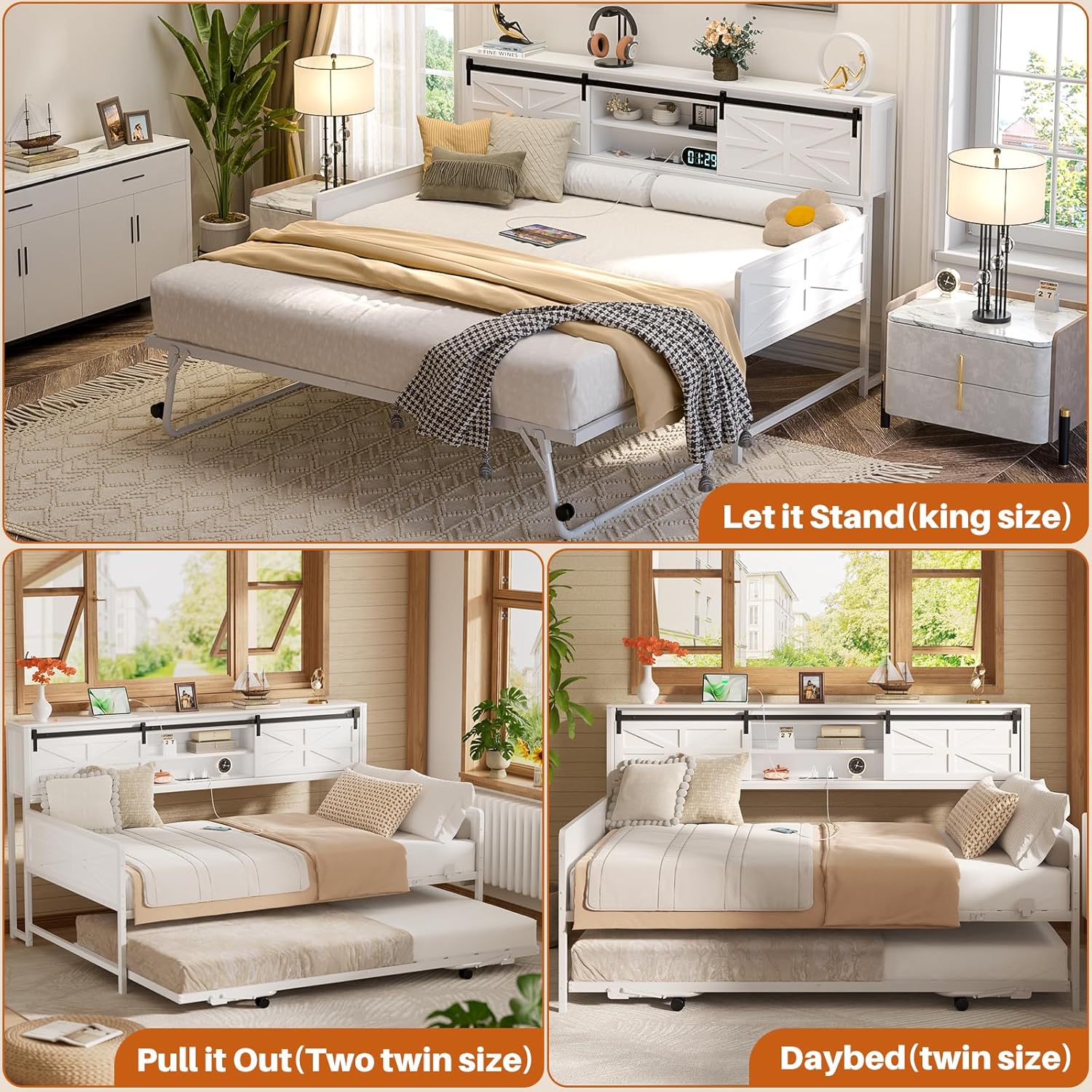 Homieasy Twin Daybed with Pop Up Trundle, Farmhouse Twin Bed with Bookcase Headboard and Charging Station, Metal Sofa Bed Frame with Barn Door Storage for Living Room, Bedroom, Guest Room, White
