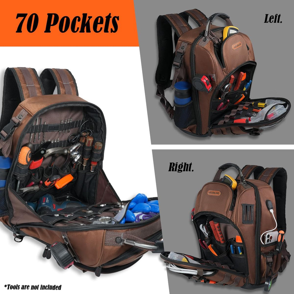 WELKINLAND-70Pockets HVAC Backpack, Heavy-Duty Electrician Tool Backpack, Hard Bottom Tool Bag Backpacks For Men, Waterproof Tool Backpacks Man Construction