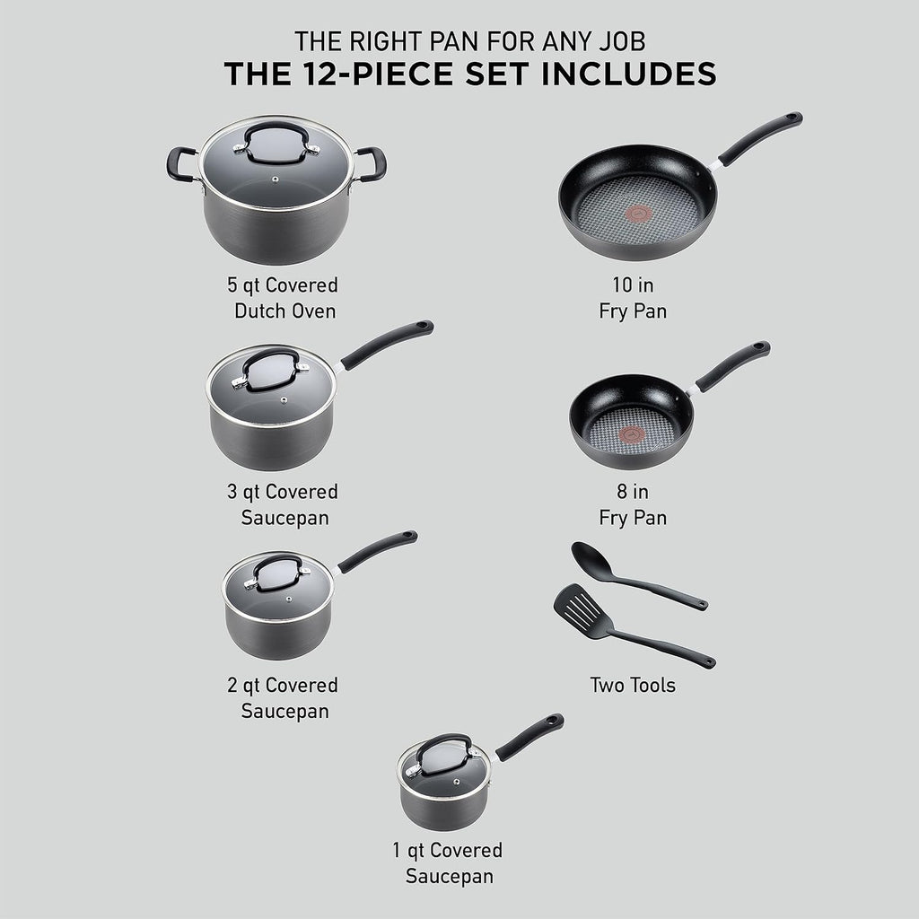 T-fal Ultimate Hard Anodized Nonstick Cookware Set 12 Piece, Oven Broiler Safe 400F, Lid Safe 350F, Kitchen Cooking Set w/Fry Pans, Saucepans, Dutch Oven, Pots and Pans, Dishwasher Safe, Onyx