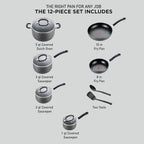 T-fal Ultimate Hard Anodized Nonstick Cookware Set 12 Piece, Oven Broiler Safe 400F, Lid Safe 350F, Kitchen Cooking Set w/Fry Pans, Saucepans, Dutch Oven, Pots and Pans, Dishwasher Safe, Onyx