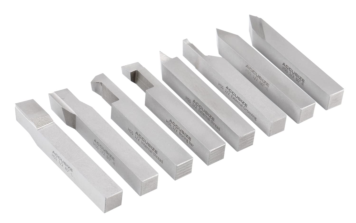 Accusize Industrial Tools 1/2'' 8 Pcs Hss Tool Bit Set, Pre-Ground for Turning and Facing Work, 2662-2004