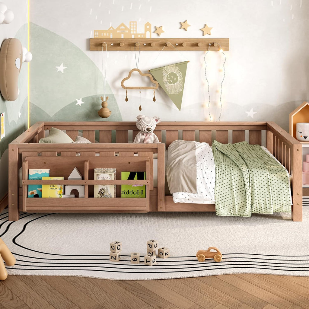 Bellemave Natural Montessori Floor Bed with Fence and Slats, Twin Size Montessori Floor Bed with Bookcase and High Rails, Easy Assemble Bed Frame for Girls, Boys, Twin