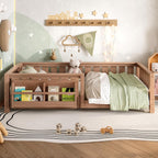 Bellemave Natural Montessori Floor Bed with Fence and Slats, Twin Size Montessori Floor Bed with Bookcase and High Rails, Easy Assemble Bed Frame for Girls, Boys, Twin