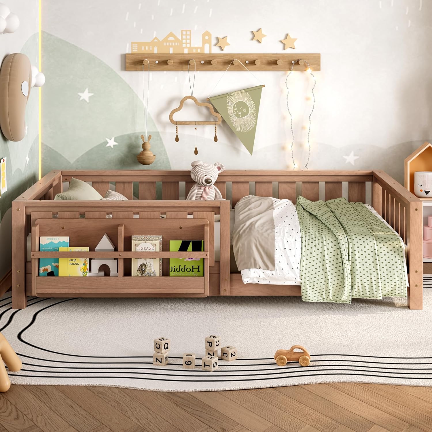Bellemave Natural Montessori Floor Bed with Fence and Slats, Twin Size Montessori Floor Bed with Bookcase and High Rails, Easy Assemble Bed Frame for Girls, Boys, Twin