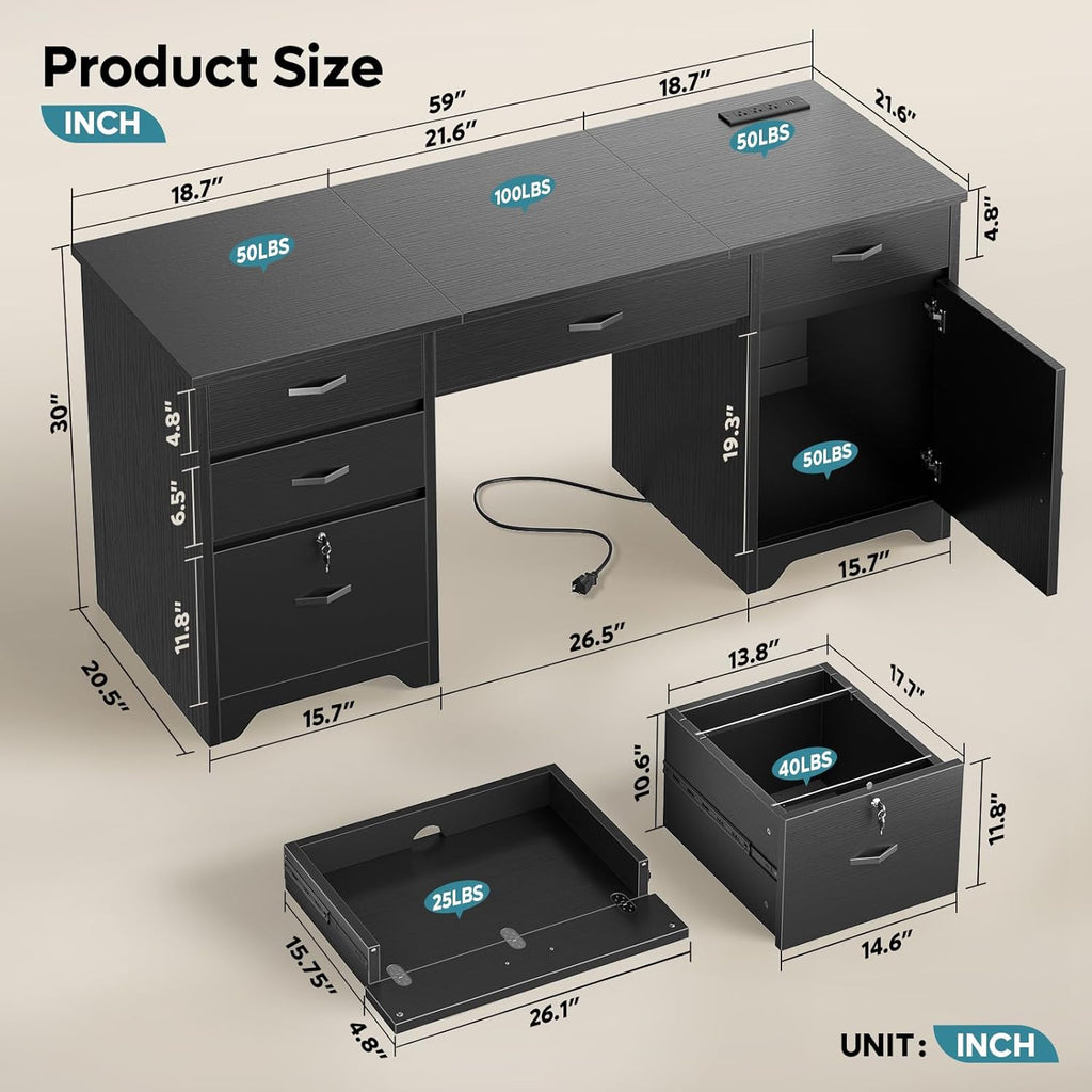 Bestier 59” Office Desk with Lockable Drawers, Modern Computer Desk with File Drawer, Charging Station & Drop-Front Keyboard Drawer, Executive Desk with Storage Cabinet for Home Office & Studio, Black
