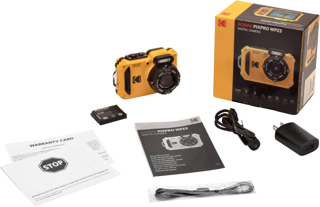 Kodak PIXPRO WPZ2 Rugged Waterproof Shockproof Digital Camera 16MP 4X Optical Zoom 1080P Full HD Video  2.7 LCD (Yellow)  32GB SD Card  Black Compact Case  Floating Strap  Bundle (7 Items)