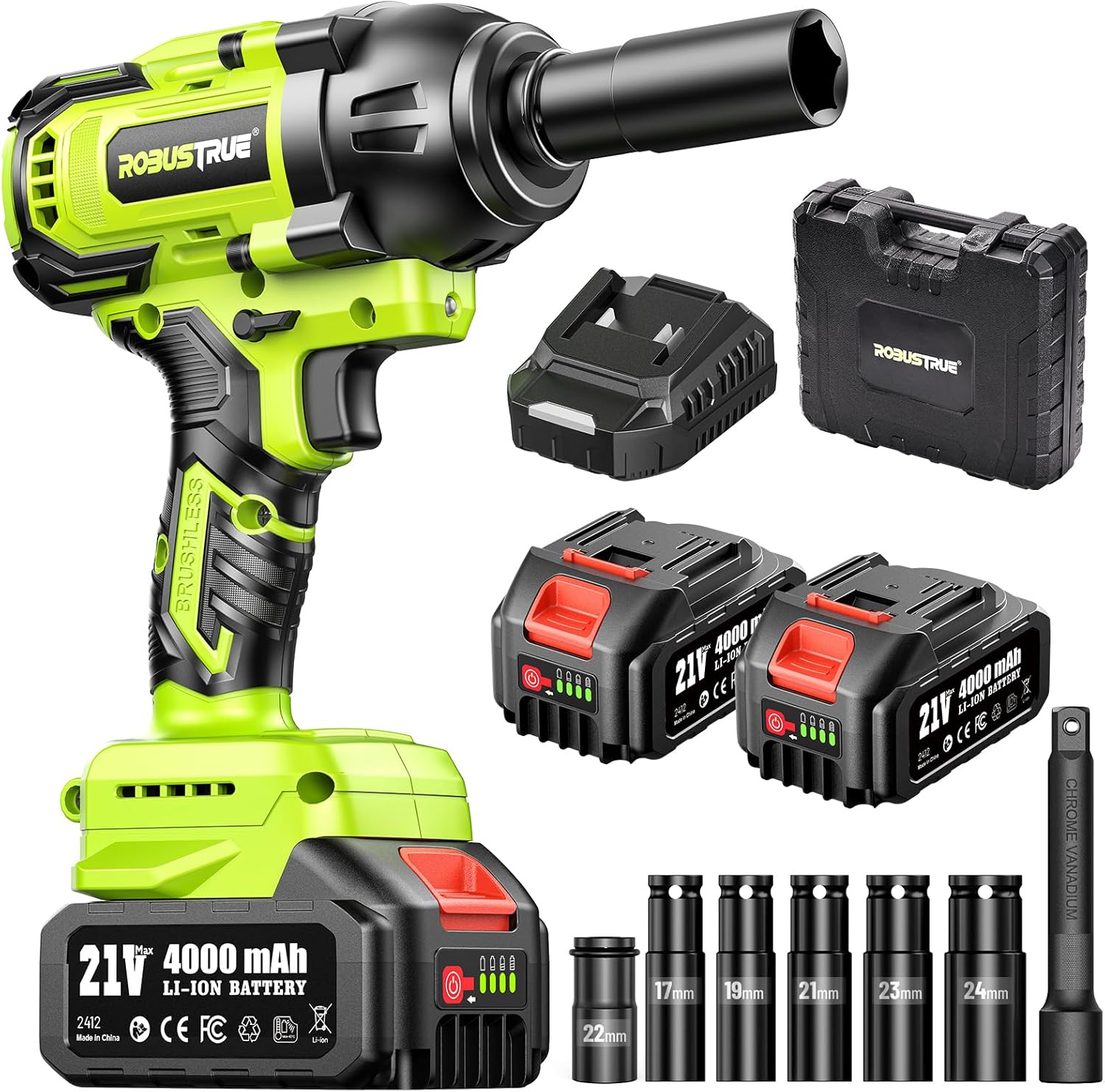 Robustrue Cordless Impact Wrench, 885Ft-lbs (1200N.m) 1/2" Brushless Impact Gun, 21V High Torque Power Impact Driver, 2x4.0Ah Batteries Electric Impact Motor Variable Speeds for Car/Truck RV/Mower