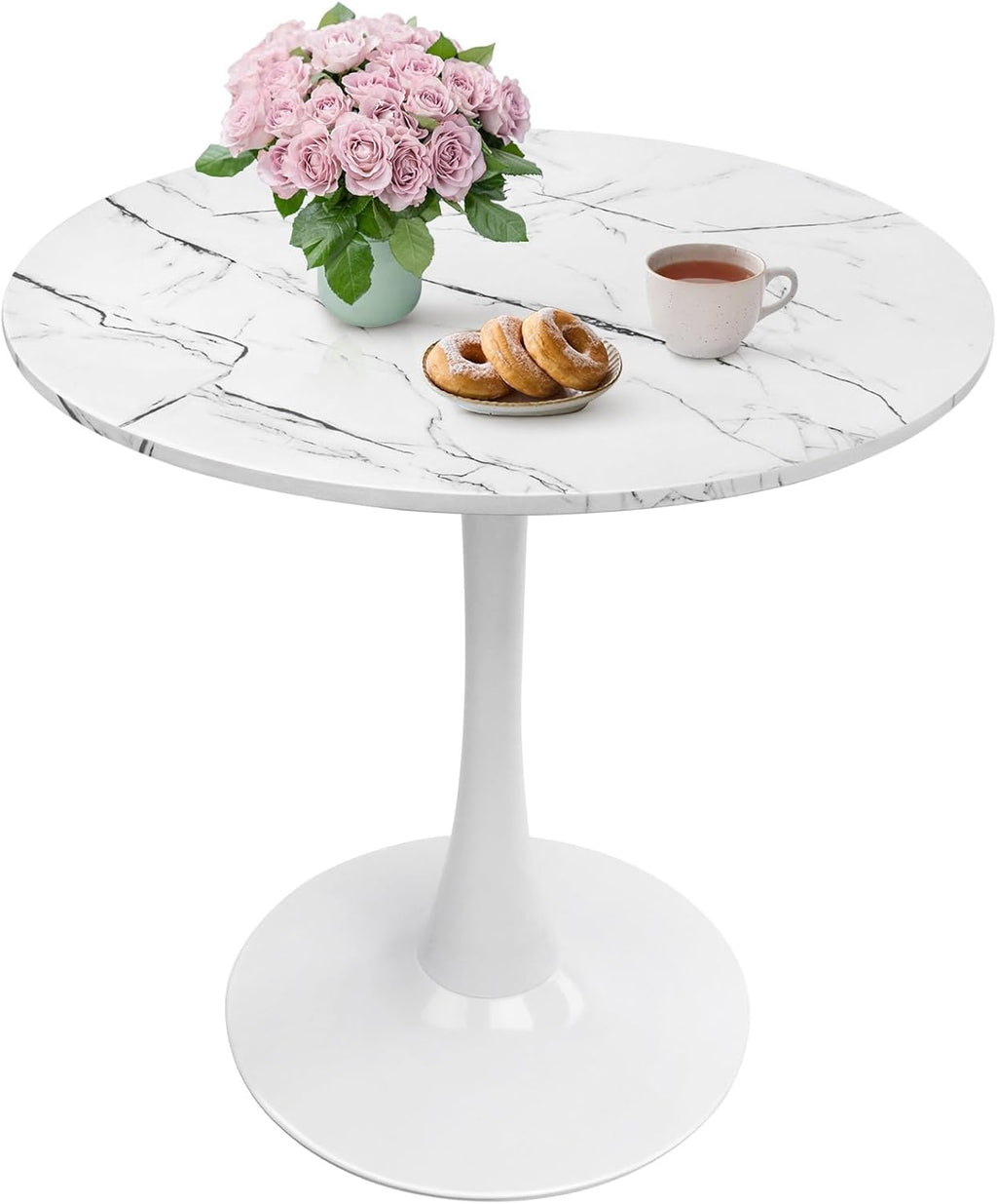 Round Dining Table 27.5" Faux Marble White Tulip Table with Pedestal Base for 2-4 People Small Space - Kitchen Living Room Cafe